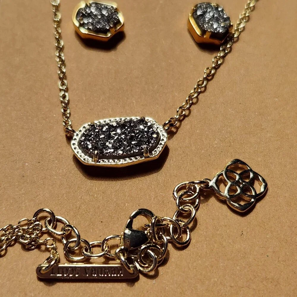 Kendra Scott Elisa Gold Platinum Drusy Necklace and Emilie gold stud earrings - Picture 1 of 8